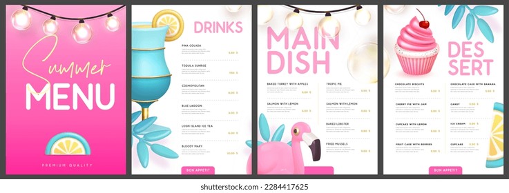 Restaurant summer menu design with 3D plastic cocktail, tropic fruits and flamingo. Vector illustration