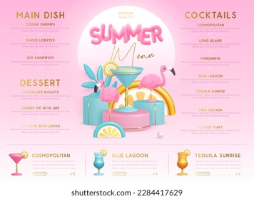 Restaurant summer menu design with 3D plastic cocktails, tropic fruits and flamingo. Vector illustration