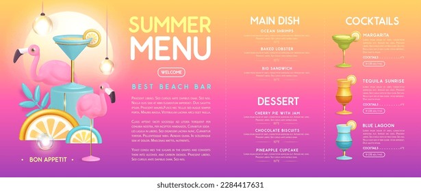 Restaurante de diseño de menú de verano con cócteles de plástico 3D, frutas tropicales y flamingo. Ilustración del vector
