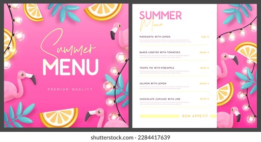 Restaurant summer menu design with 3D plastic palm leaves, tropic fruits and flamingo. Vector illustration