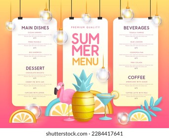 Restaurant summer menu design with 3D plastic cocktail, pineapple and flamingo. Vector illustration