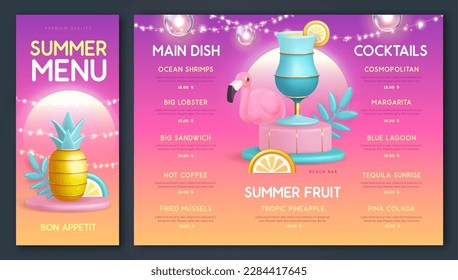 Restaurant summer menu design with 3D plastic cocktail, pineapple and flamingo. Vector illustration