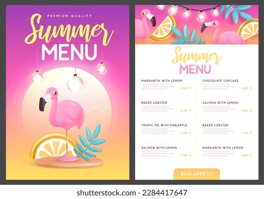 Restaurant summer menu design with 3D plastic palm leaves, tropic fruits and flamingo. Vector illustration