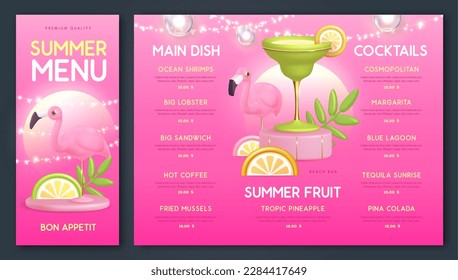 Restaurant summer menu design with 3D plastic cocktail, tropic fruit and flamingo. Vector illustration