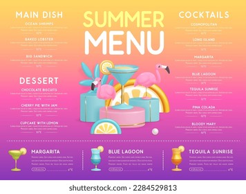 Restaurante de diseño de menú de verano con cócteles de plástico 3D, frutas tropicales y flamingo. Ilustración del vector