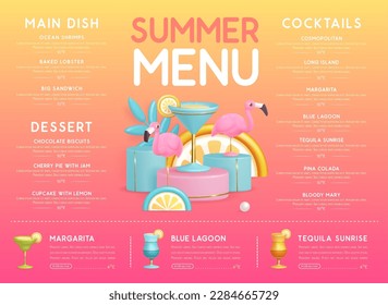 Restaurant summer menu design with 3D plastic cocktails, tropic fruits and flamingo. Vector illustration