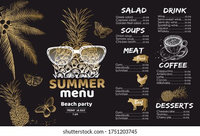 Restaurant summer menu design. Hand drawn illustrations. 