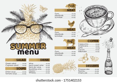 Restaurant summer menu design. Hand drawn illustrations. 