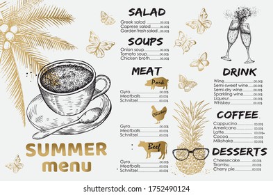 Restaurant summer menu design. Hand drawn illustrations. 