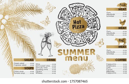 Restaurant summer menu design. Hand drawn illustrations. 