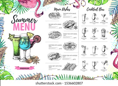 Restaurant summer menu design with tropic leaves and cocktails. Fast food menu