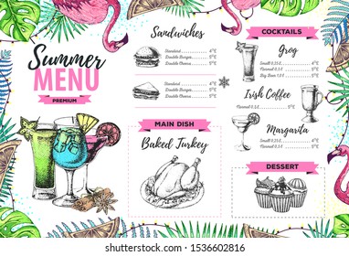 Restaurant summer menu design with tropic leaves and cocktails. Fast food menu