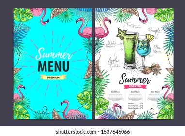 Restaurant summer menu design with tropic leaves. Fast food menu