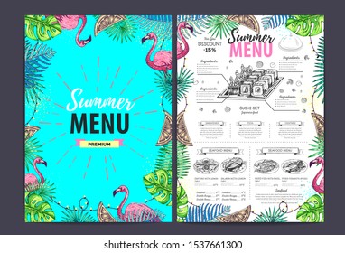 Restaurant summer menu design with tropic leaves. Fast food menu