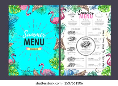 Restaurant summer menu design with tropic leaves and cocktails. Fast food menu