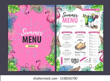 Restaurant summer menu design with tropic leaves and cocktails. Fast food menu