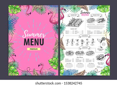 Restaurant summer menu design with tropic leaves and cocktails. Fast food menu