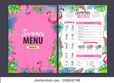 Restaurant summer menu design with tropic leaves and cocktails. Fast food menu