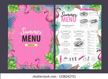 Restaurant summer menu design with tropic leaves and cocktails. Fast food menu