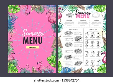 Restaurant summer menu design with tropic leaves and cocktails. Fast food menu