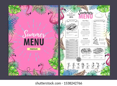 Restaurant summer menu design with tropic leaves and cocktails. Fast food menu