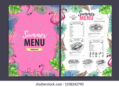 Restaurant summer menu design with tropic leaves and cocktails. Fast food menu