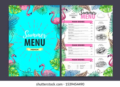 Restaurant summer menu design with tropic leaves. Fast food menu