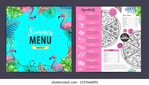Restaurant summer pizza menu design with tropic leaves. Fast food menu
