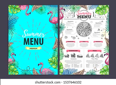 Restaurant summer pizza menu design with tropic leaves. Fast food menu