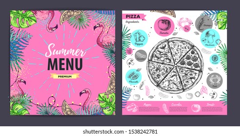 Restaurant summer pizza menu design with tropic leaves. Fast food menu