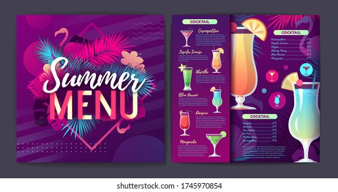 Restaurant Summer Tropical Gradient Cocktail Menu Design With Fluorescent Tropic Leaves And Flamingo.