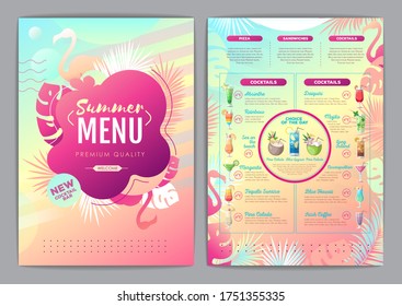 Restaurant Summer Tropical Gradient Cocktail Menu Design With Fluorescent Tropic Leaves And Flamingo.