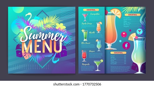 Restaurant Summer Tropical Gradient Cocktail Menu Design With Fluorescent Tropic Leaves And Flamingo.