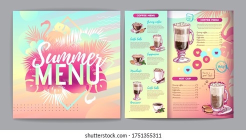 Restaurant summer tropical gradient coffee menu design with fluorescent tropic leaves and flamingo.