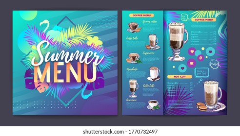 Restaurante de verano con diseño de menú de café con hojas trópicas fluorescentes y flamingo.