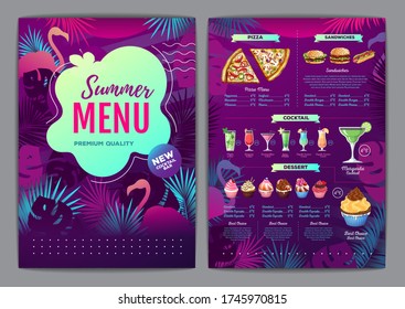 Restaurant summer tropical gradient menu design with fluorescent tropic leaves and flamingo. Fast food menu