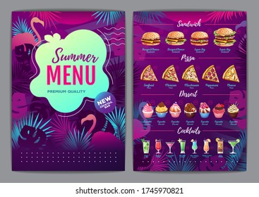 Restaurant summer tropical gradient menu design with fluorescent tropic leaves and flamingo. Fast food menu
