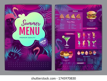 Restaurant summer tropical gradient menu design with fluorescent tropic leaves and flamingo. Fast food menu