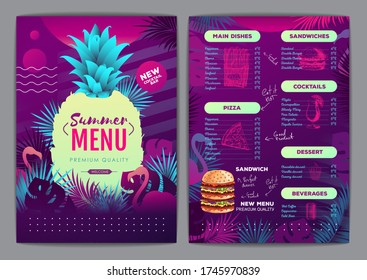 Restaurant summer tropical gradient menu design with fluorescent tropic leaves and flamingo. Fast food menu