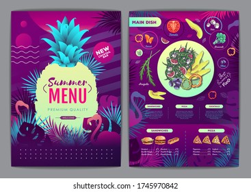 Restaurant summer tropical gradient menu design with fluorescent tropic leaves and flamingo. Fast food menu