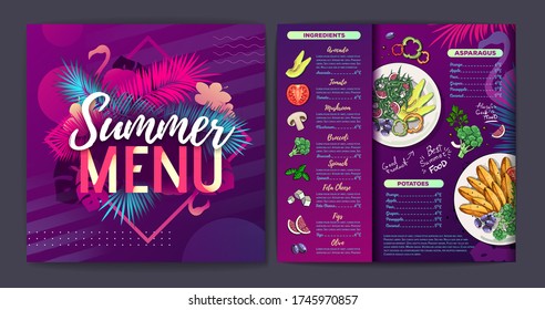 Restaurant summer tropical gradient menu design with fluorescent tropic leaves and flamingo. Fast food menu