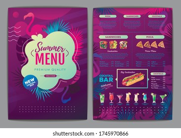 Restaurant summer tropical gradient menu design with fluorescent tropic leaves and flamingo. Fast food menu