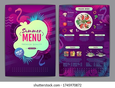 Restaurant summer tropical gradient menu design with fluorescent tropic leaves and flamingo. Fast food menu