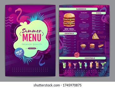 Restaurant summer tropical gradient menu design with fluorescent tropic leaves and flamingo. Fast food menu