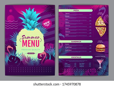 Restaurant summer tropical gradient menu design with fluorescent tropic leaves and flamingo. Fast food menu