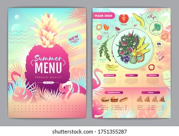 Restaurant summer tropical gradient menu design with fluorescent tropic leaves and flamingo. Fast food menu