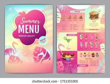 Restaurant summer tropical gradient menu design with fluorescent tropic leaves and flamingo. Fast food menu