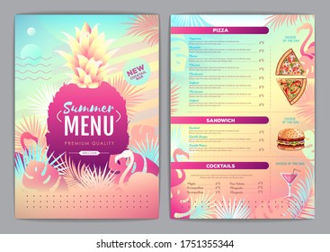 Restaurant Summer Tropical Gradient Menu Design With Fluorescent Tropic Leaves And Flamingo. Fast Food Menu