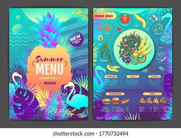Restaurante de diseño de menú de degradado tropical de verano con hojas trópicas fluorescentes y flamingo. Menú de comida rápida