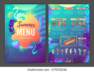 Restaurant summer tropical gradient menu design with fluorescent tropic leaves and flamingo. Fast food menu